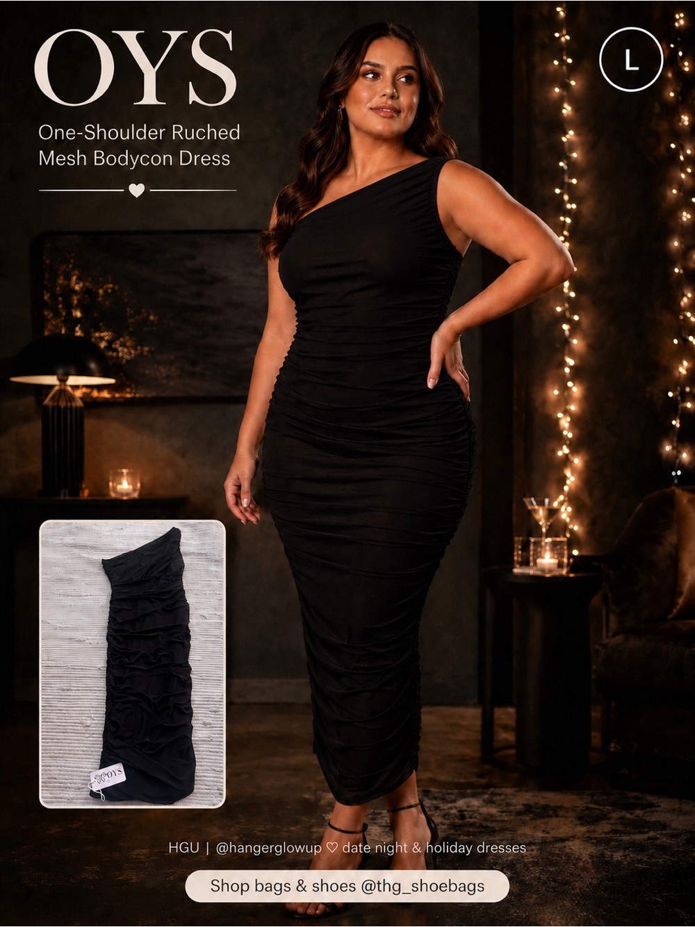 OYS Black One-Shoulder Ruched Mesh Bodycon Midi Dress NWT L